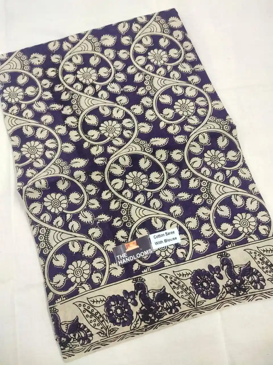 Indigo Floral Scroll Kalamkari Pure Handloom Cotton Saree